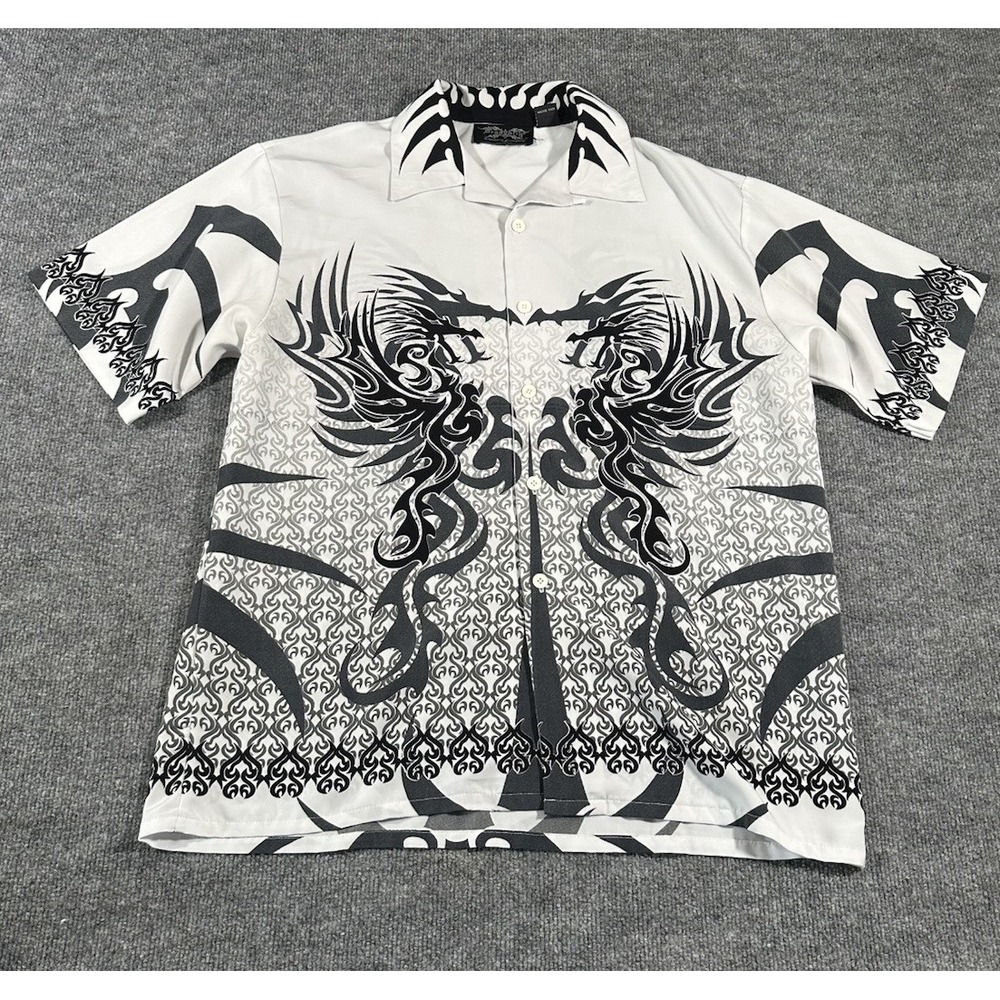 VTG Dragonfly Button Shirt White Dragon Flames AOP Y2K Mens Large